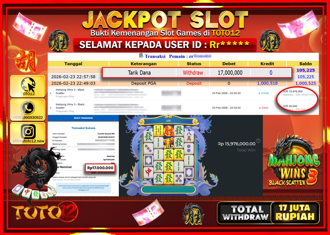 HANYA DI TOTO12 JP PASTI DI BAYAR LUNAS DAN CEPAT!!!!!! JACKPOT SLOT GAME (MAHJONG WINS 3 BLACK SCATTER) Rp.17.000.000!!!!