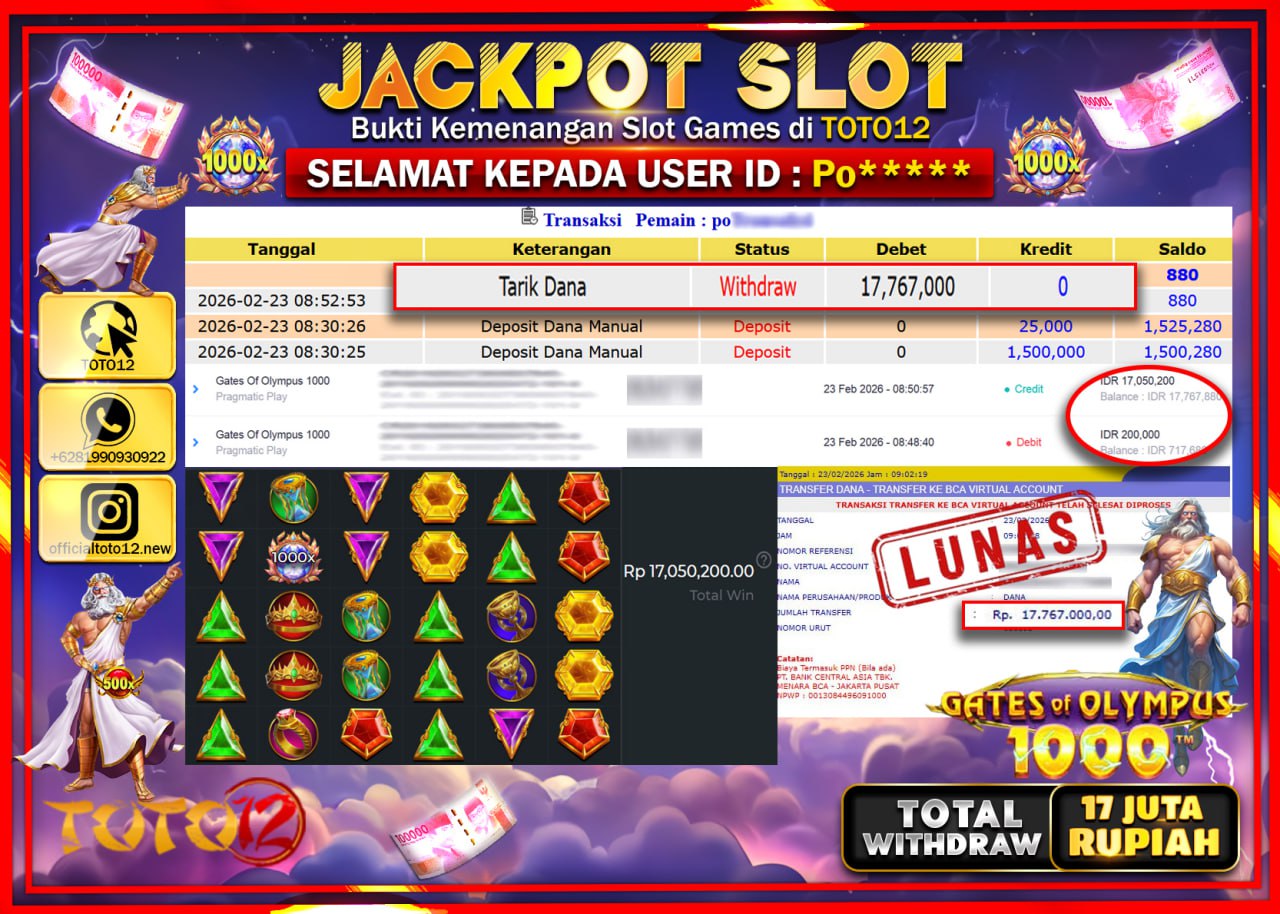 HANYA DI TOTO12 JP PASTI DI BAYAR LUNAS DAN CEPAT!!!!!! JACKPOT SLOT GAME (GATES OF OLYMPUS 1000) Rp.17.767.000!!!!