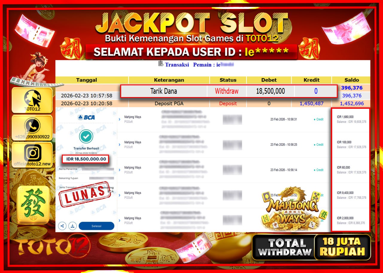 HANYA DI TOTO12 JP PASTI DI BAYAR LUNAS DAN CEPAT!!!!!! JACKPOT SLOT GAME (MAHJONG WAYS) Rp.18.500.000!!!!