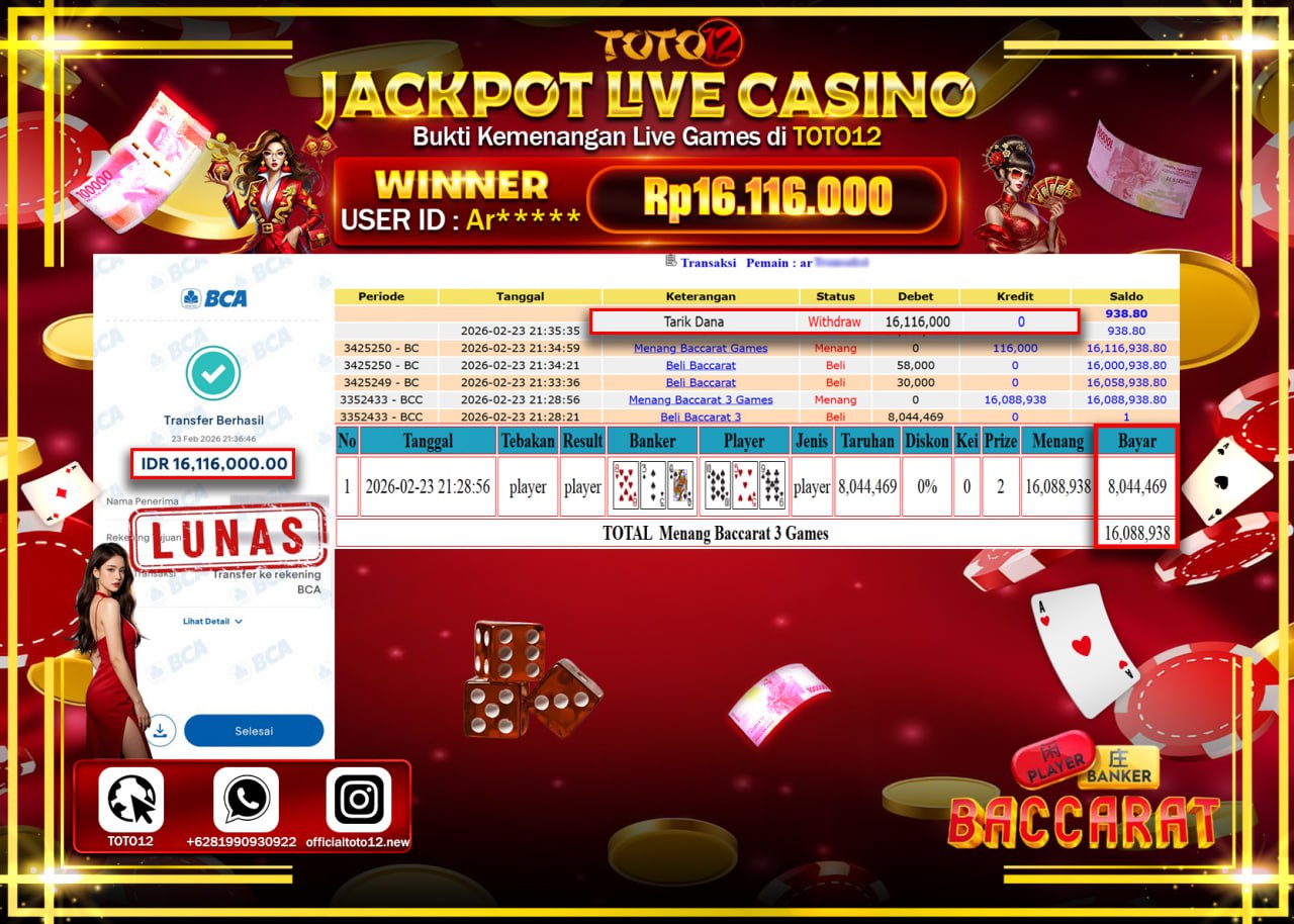 HANYA DI TOTO12 JP PASTI DI BAYAR LUNAS DAN CEPAT!!!!!! JACKPOT LIVE GAMES CASINO(BACCARAT) Rp.16.116.000!!!!