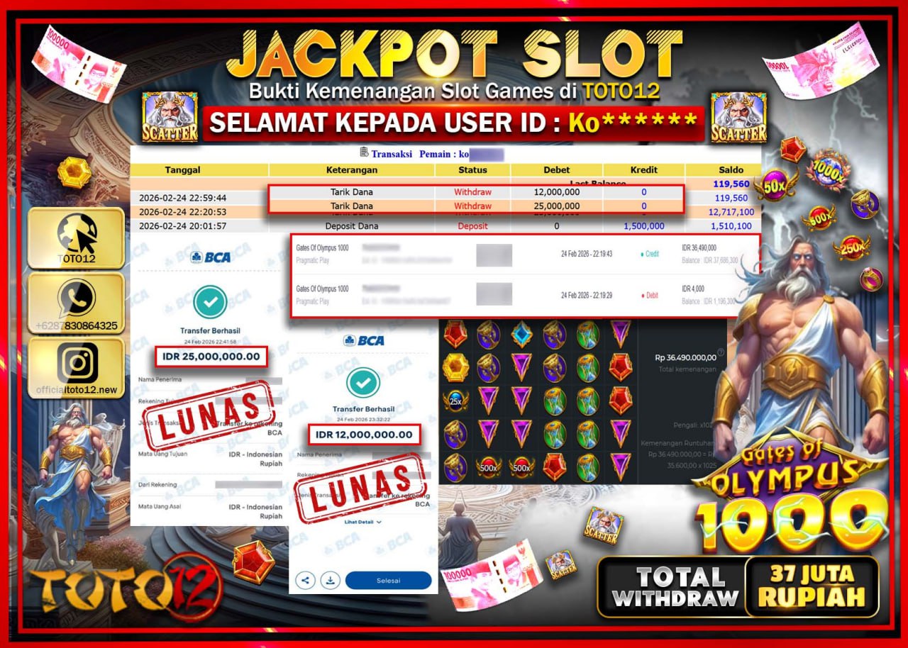 HANYA DI TOTO12 JP PASTI DI BAYAR LUNAS DAN CEPAT!!!!!! JACKPOT SLOT GAME (GATES OF OLYMPUS 1000) Rp.37.000.000!!!!