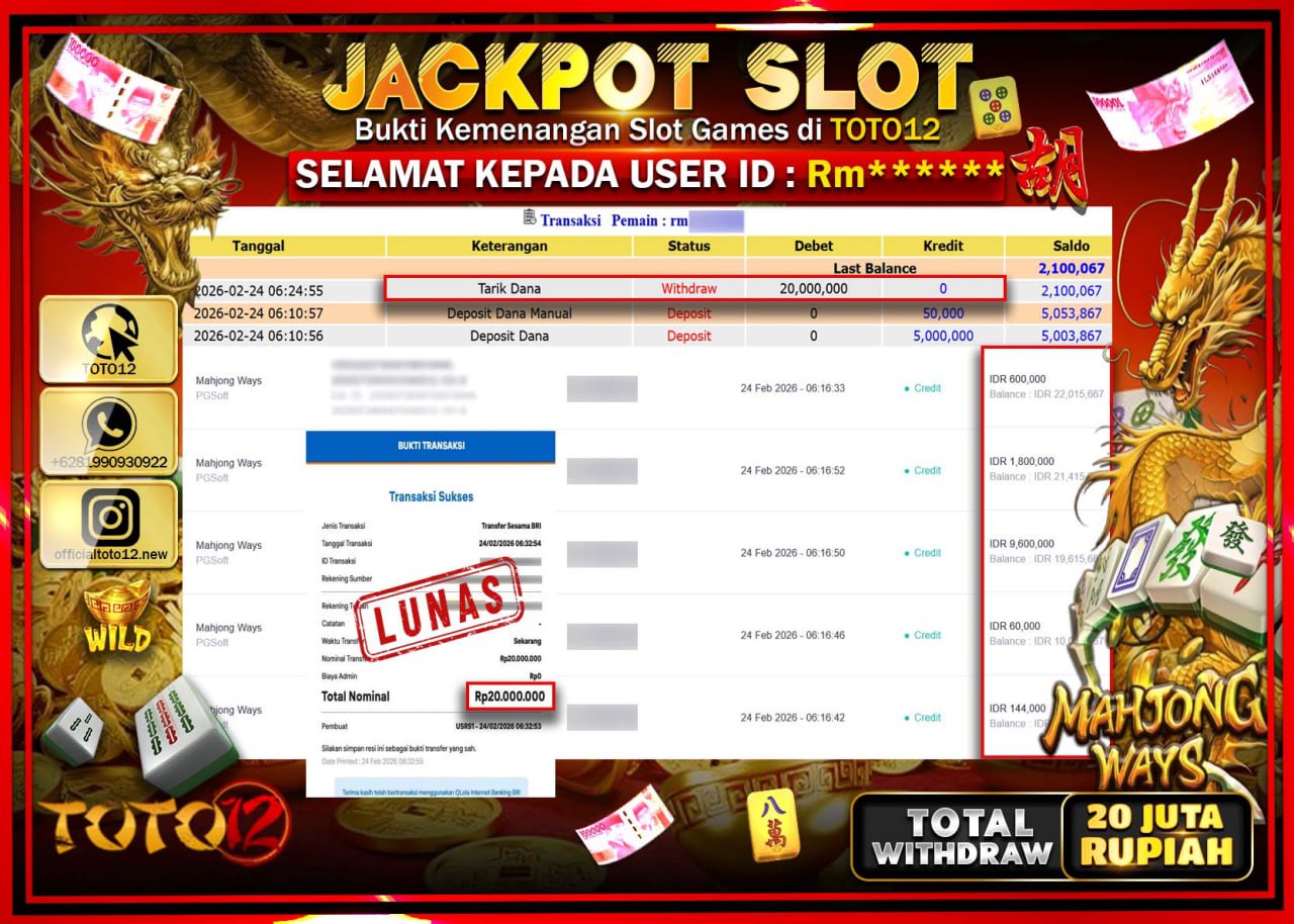 HANYA DI TOTO12 JP PASTI DI BAYAR LUNAS DAN CEPAT!!!!!! JACKPOT SLOT GAME (MAHJONG WAYS) Rp.20.000.000!!!!