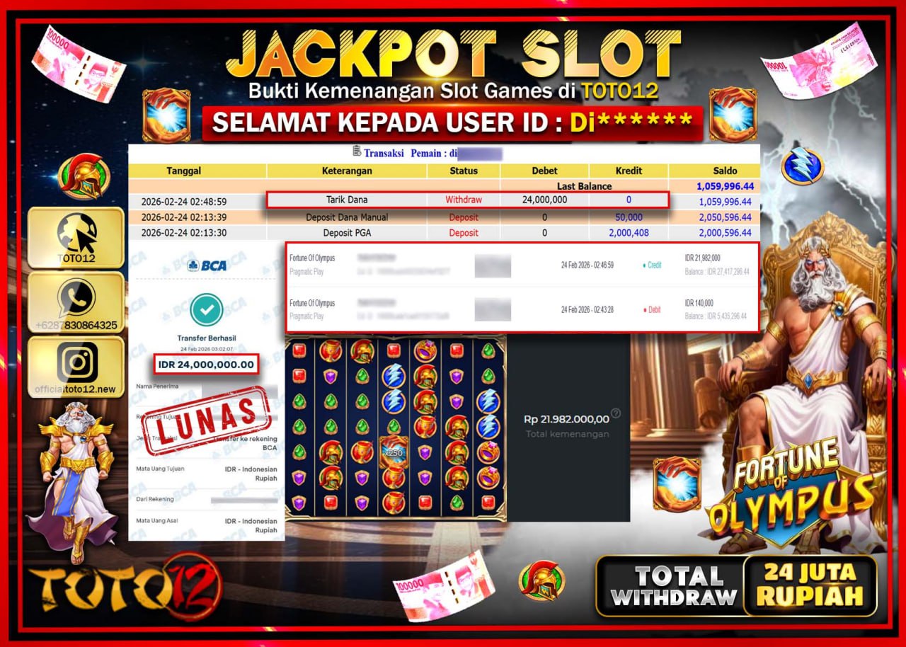 HANYA DI TOTO12 JP PASTI DI BAYAR LUNAS DAN CEPAT!!!!!! JACKPOT SLOT GAME (FORTUNE OF OLYMPUS) Rp.24.000.000!!!!
