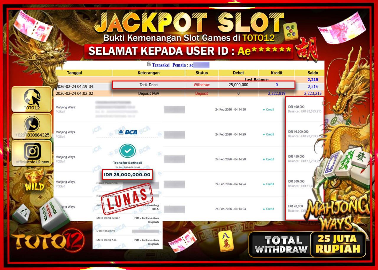 HANYA DI TOTO12 JP PASTI DI BAYAR LUNAS DAN CEPAT!!!!!! JACKPOT SLOT GAME (MAHJONG WAYS) Rp.25.000.000!!!!