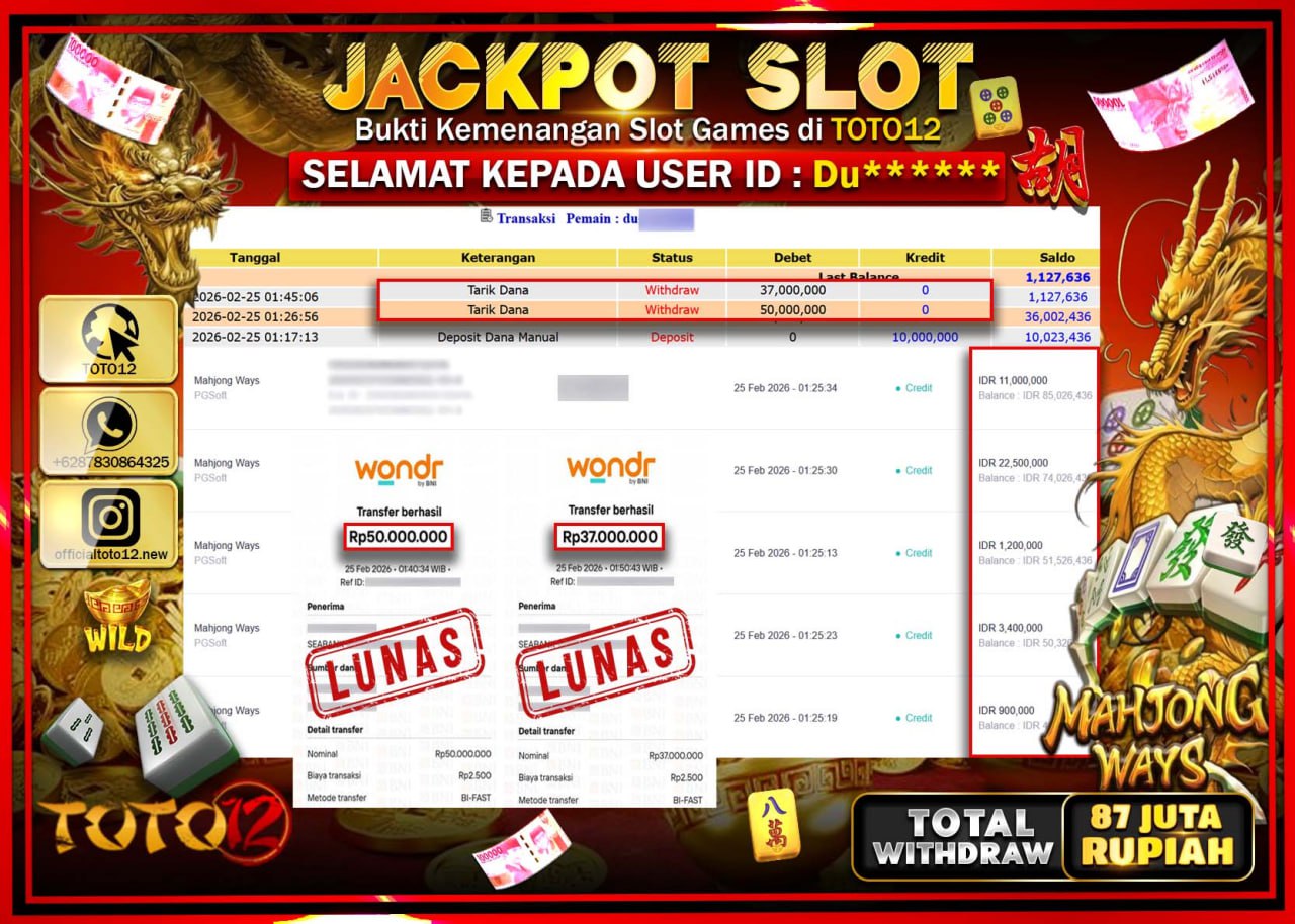 HANYA DI TOTO12 JP PASTI DI BAYAR LUNAS DAN CEPAT!!!!!! JACKPOT SLOT GAME (MAHJONG WAYS) Rp.87.000.000!!!!