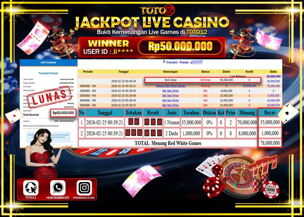 HANYA DI TOTO12 JP PASTI DI BAYAR LUNAS DAN CEPAT!!!!!! JACKPOT LIVE GAMES CASINO(RED WHITE) Rp.50.000.000!!!!