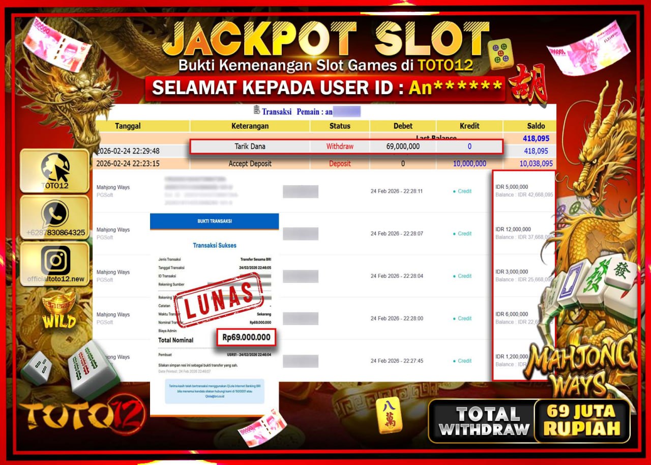 HANYA DI TOTO12 JP PASTI DI BAYAR LUNAS DAN CEPAT!!!!!! JACKPOT SLOT GAME (MAHJONG WAYS) Rp.69.000.000!!!!