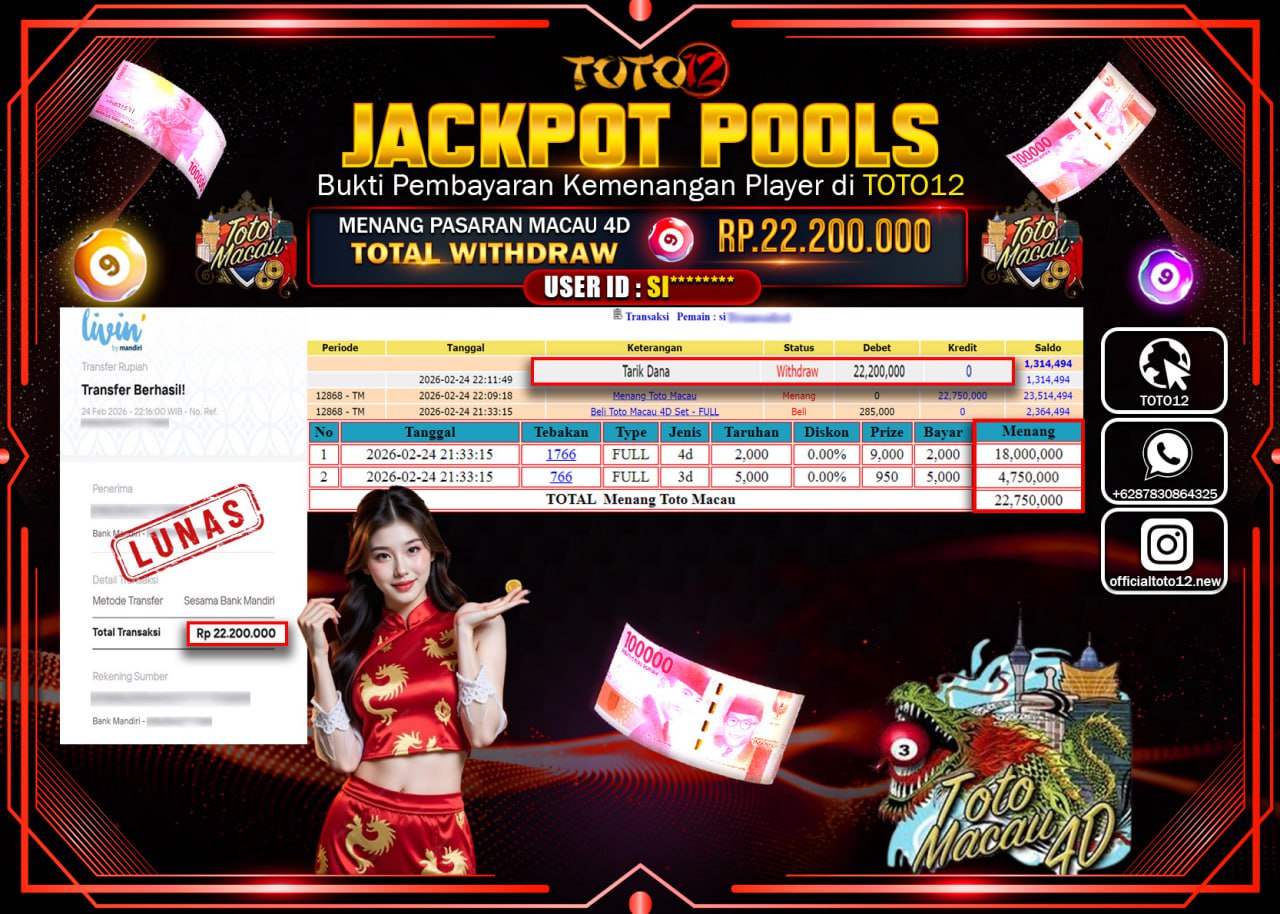 HANYA DI TOTO12 JP PASTI DI BAYAR LUNAS DAN CEPAT!!!!!! JACKPOT POOLS PASARAN (MACAU 4D) Rp.22.200.000!!!!
