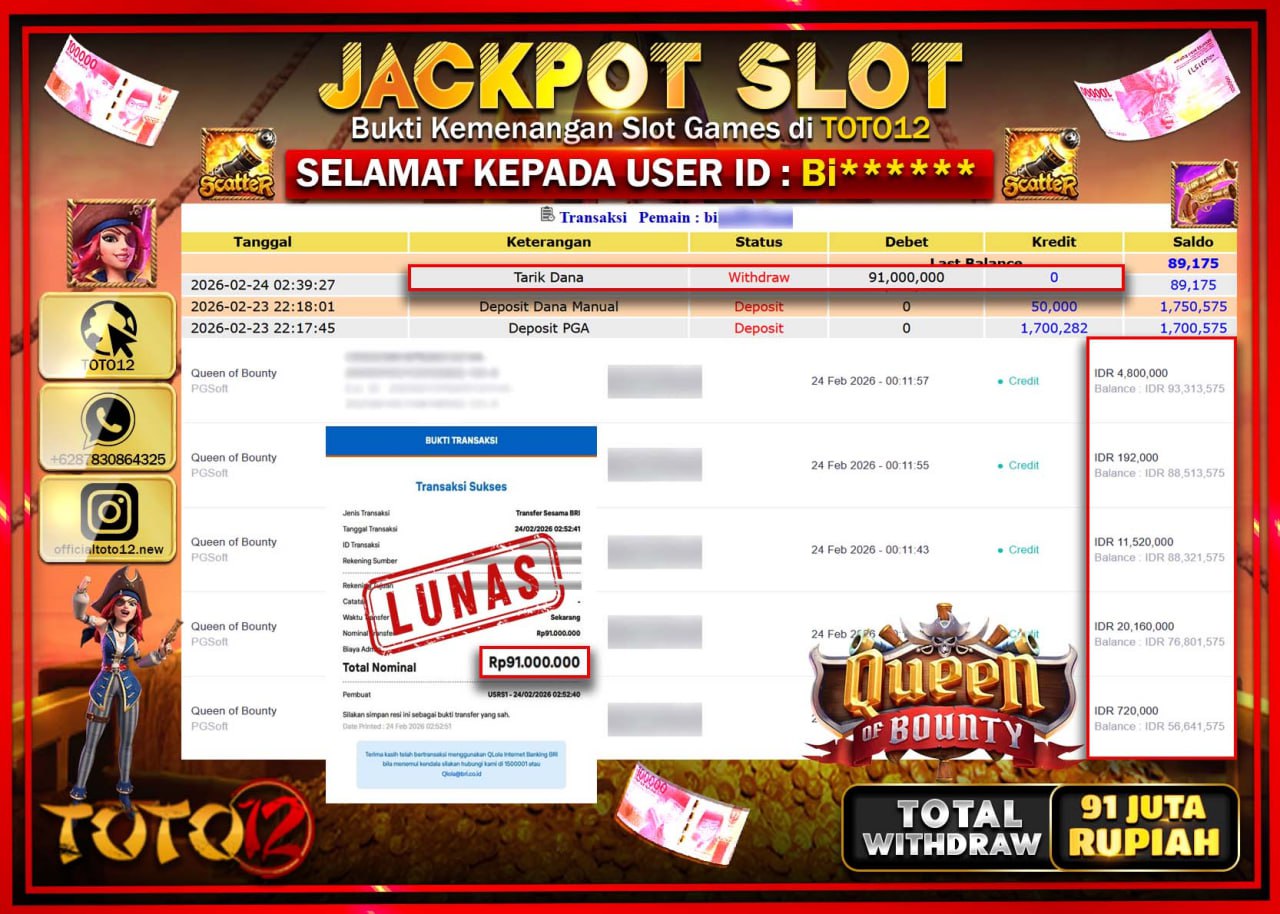 HANYA DI TOTO12 JP PASTI DI BAYAR LUNAS DAN CEPAT!!!!!! JACKPOT SLOT GAME (QUEEN OF BOUNTY) Rp.91.000.000!!!!