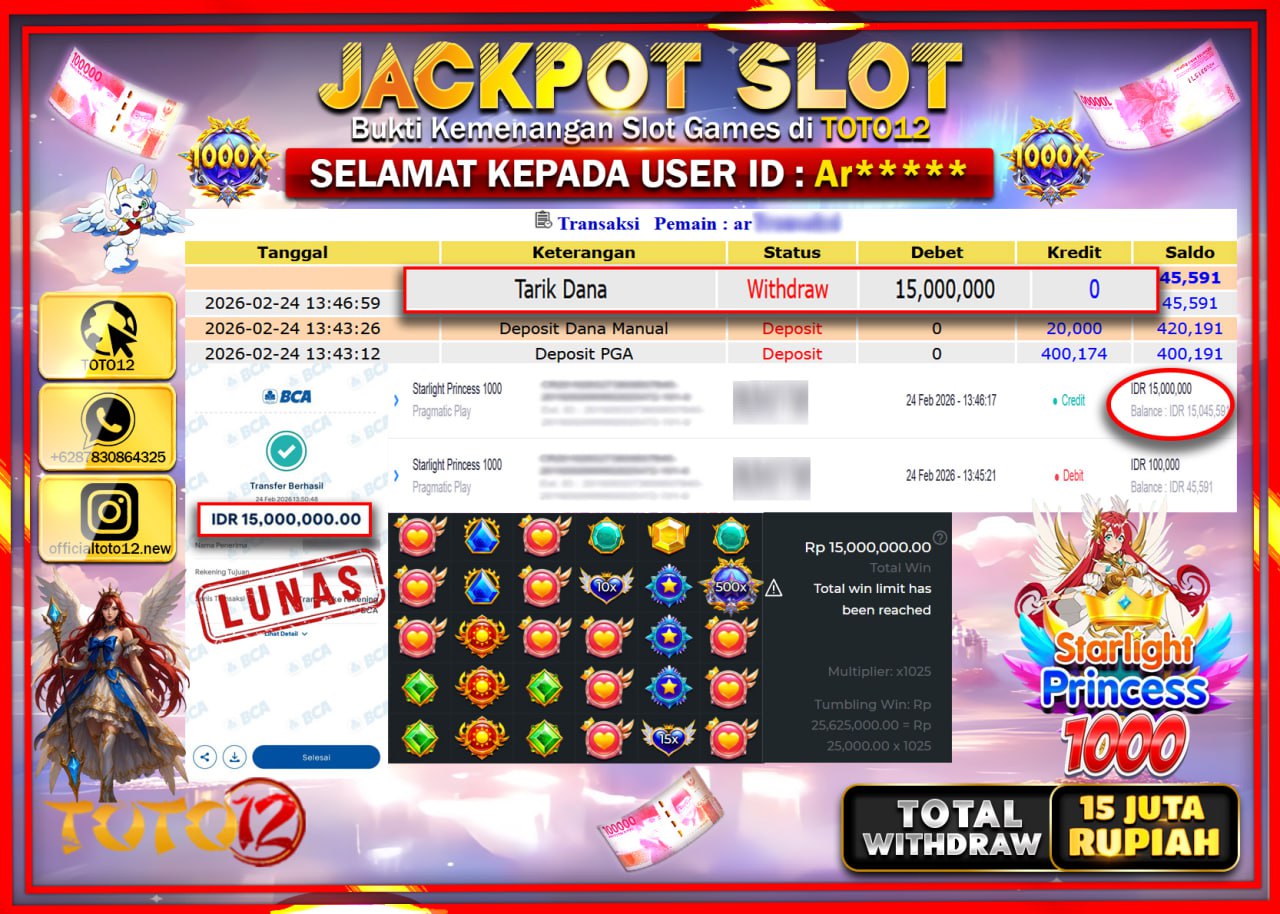 HANYA DI TOTO12 JP PASTI DI BAYAR LUNAS DAN CEPAT!!!!!! JACKPOT SLOT GAME (STARLIGHT PRINCESS 1000) Rp.15.000.000!!!!