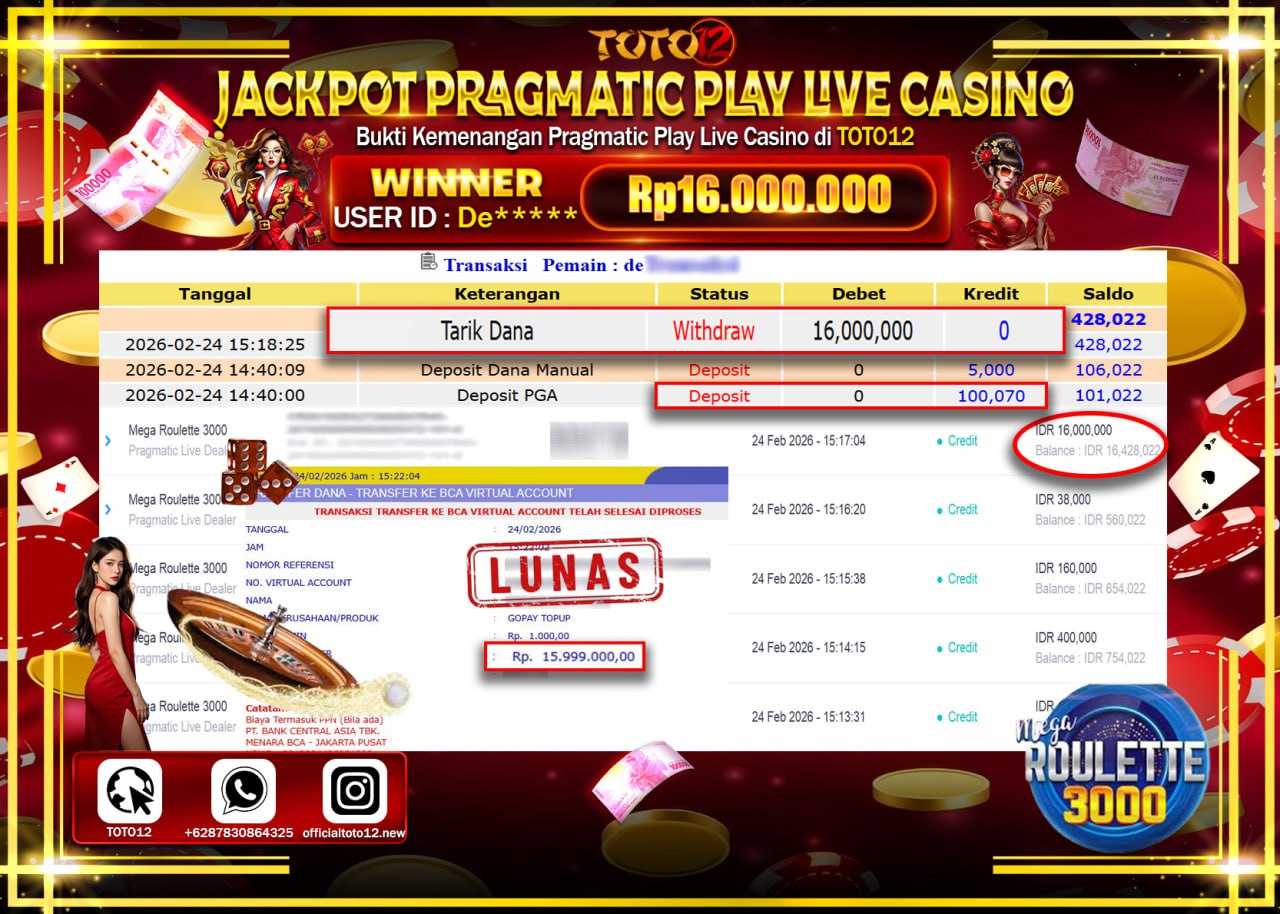 HANYA DI TOTO12 JP PASTI DI BAYAR LUNAS DAN CEPAT!!!!!! JACKPOT PRAGMATICK PLAY LIVE GAME CASINO (MEGA ROULETTE 3000) Rp.16.000.000!!!!