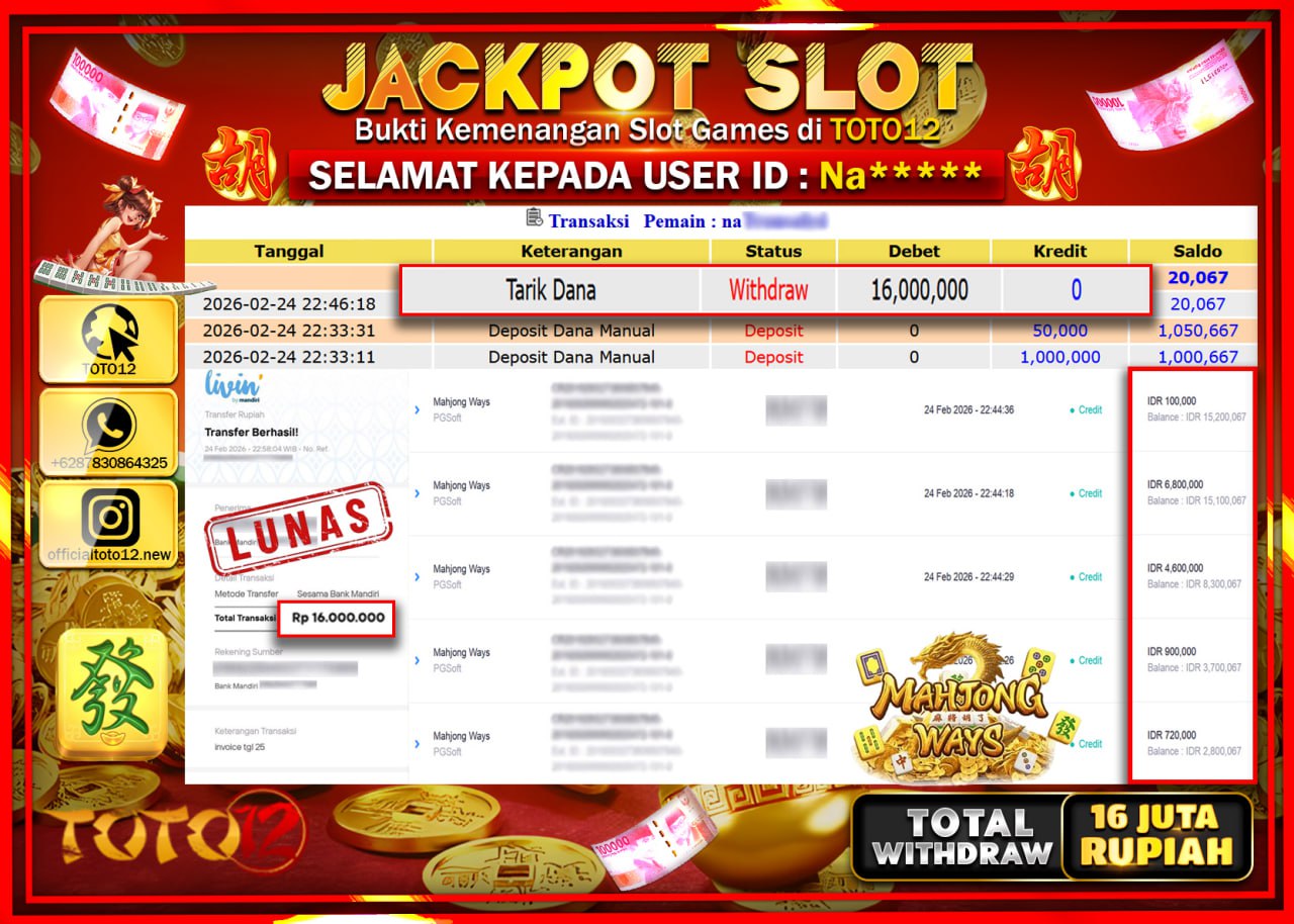 HANYA DI TOTO12 JP PASTI DI BAYAR LUNAS DAN CEPAT!!!!!! JACKPOT SLOT GAME (MAHJONG WAYS) Rp.16.000.000!!!!
