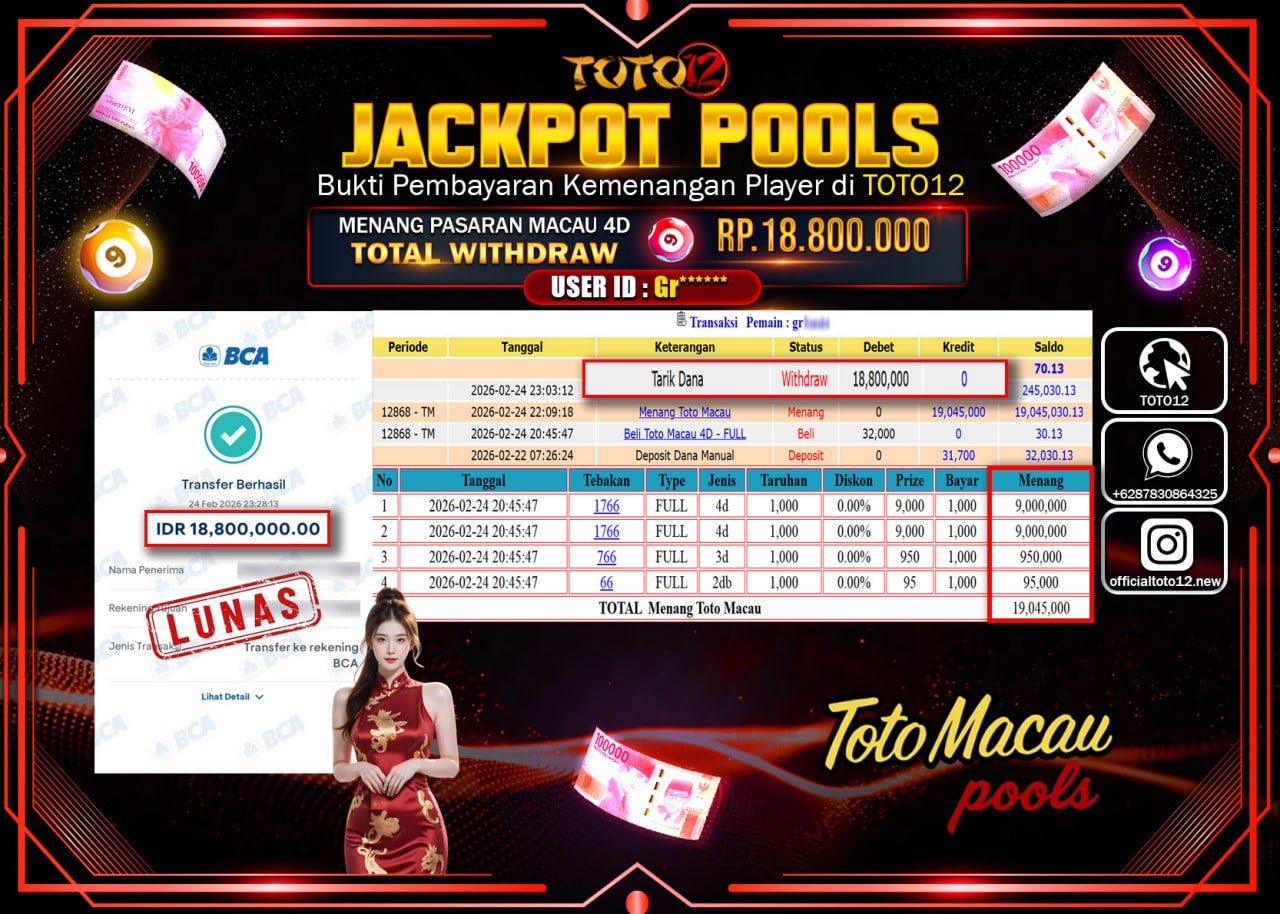 HANYA DI TOTO12 JP PASTI DI BAYAR LUNAS DAN CEPAT!!!!!! JACKPOT POOLS PASARAN (MACAU 4D) Rp.18.800.000!!!!