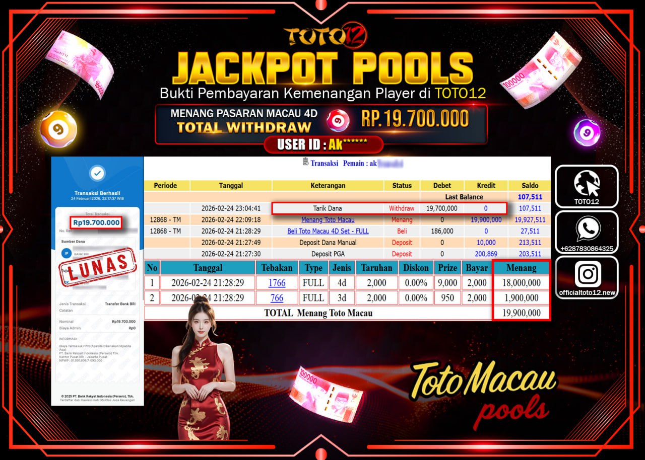 HANYA DI TOTO12 JP PASTI DI BAYAR LUNAS DAN CEPAT!!!!!! JACKPOT POOLS PASARAN (MACAU 4D) Rp.19.700.000!!!!