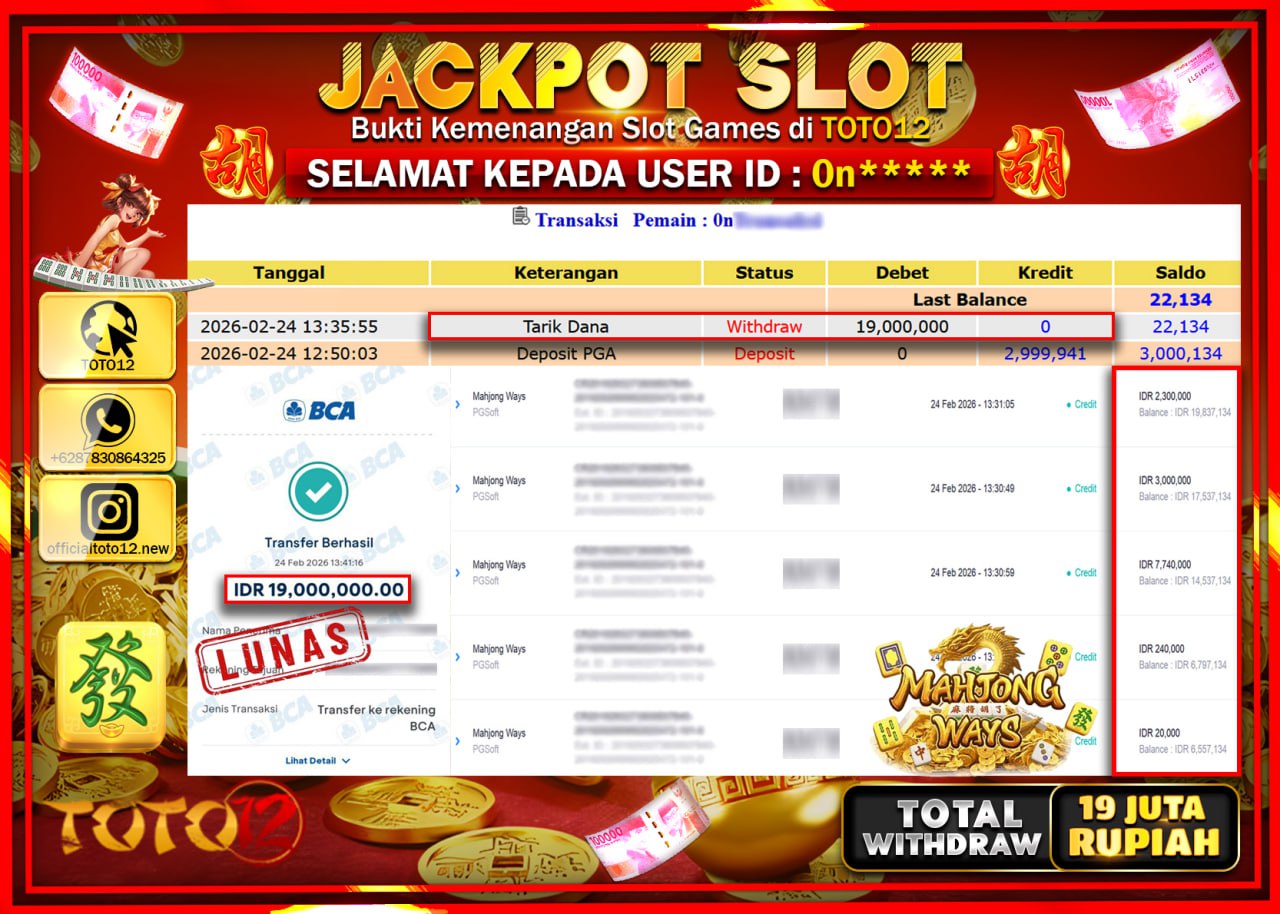 HANYA DI TOTO12 JP PASTI DI BAYAR LUNAS DAN CEPAT!!!!!! JACKPOT SLOT GAME (MAHJONG WAYS) Rp.19.000.000!!!!