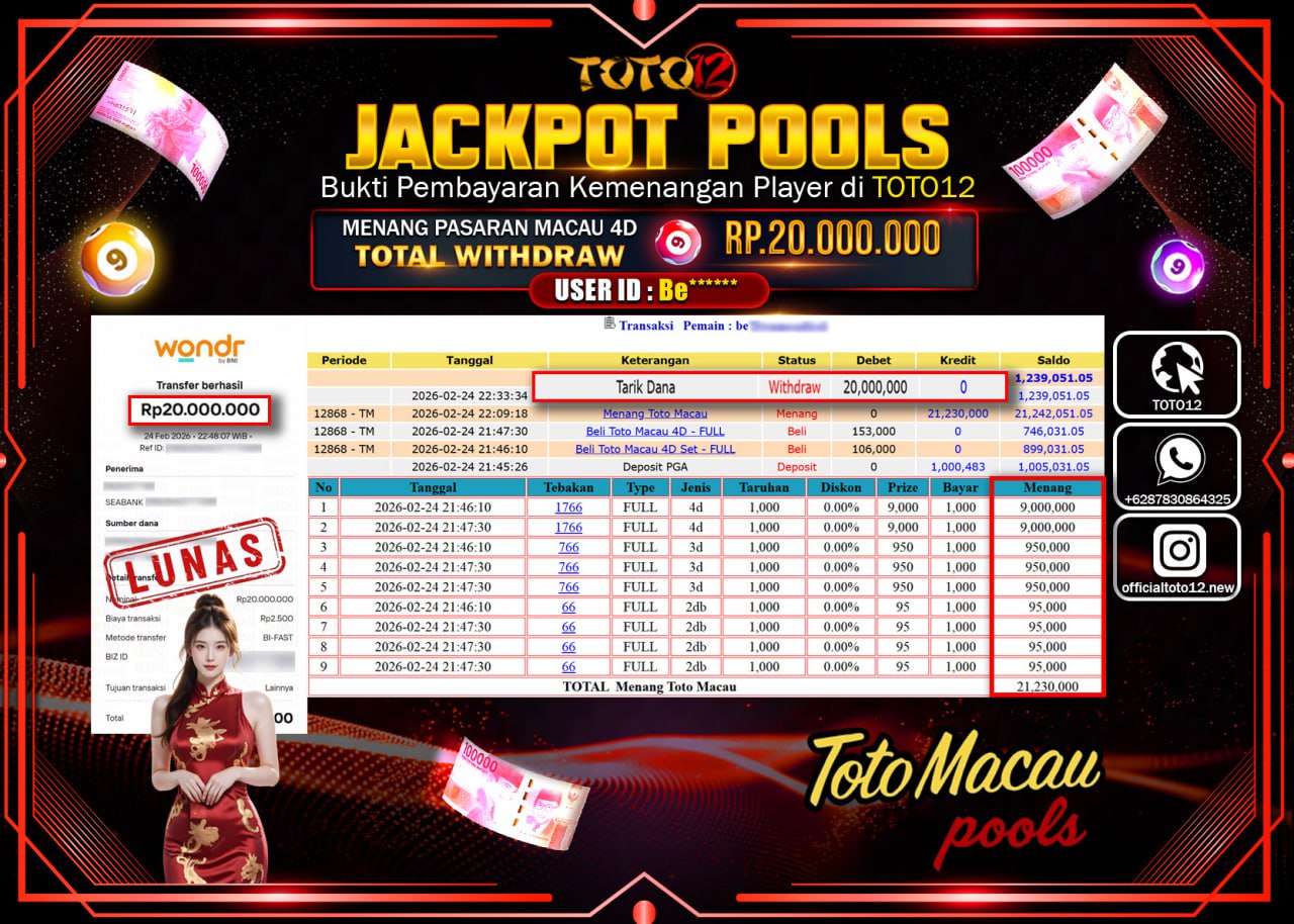 HANYA DI TOTO12 JP PASTI DI BAYAR LUNAS DAN CEPAT!!!!!! JACKPOT POOLS PASARAN (MACAU 4D) Rp.20.000.000!!!!