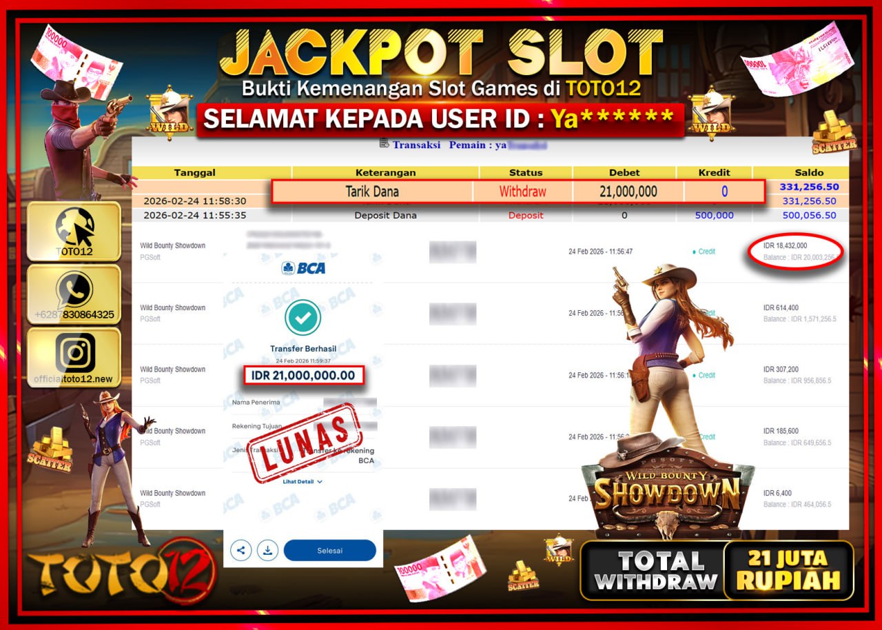 HANYA DI TOTO12 JP PASTI DI BAYAR LUNAS DAN CEPAT!!!!!! JACKPOT SLOT GAME (WILD BOUNTY SHOWDOWN) Rp.21.000.000!!!!