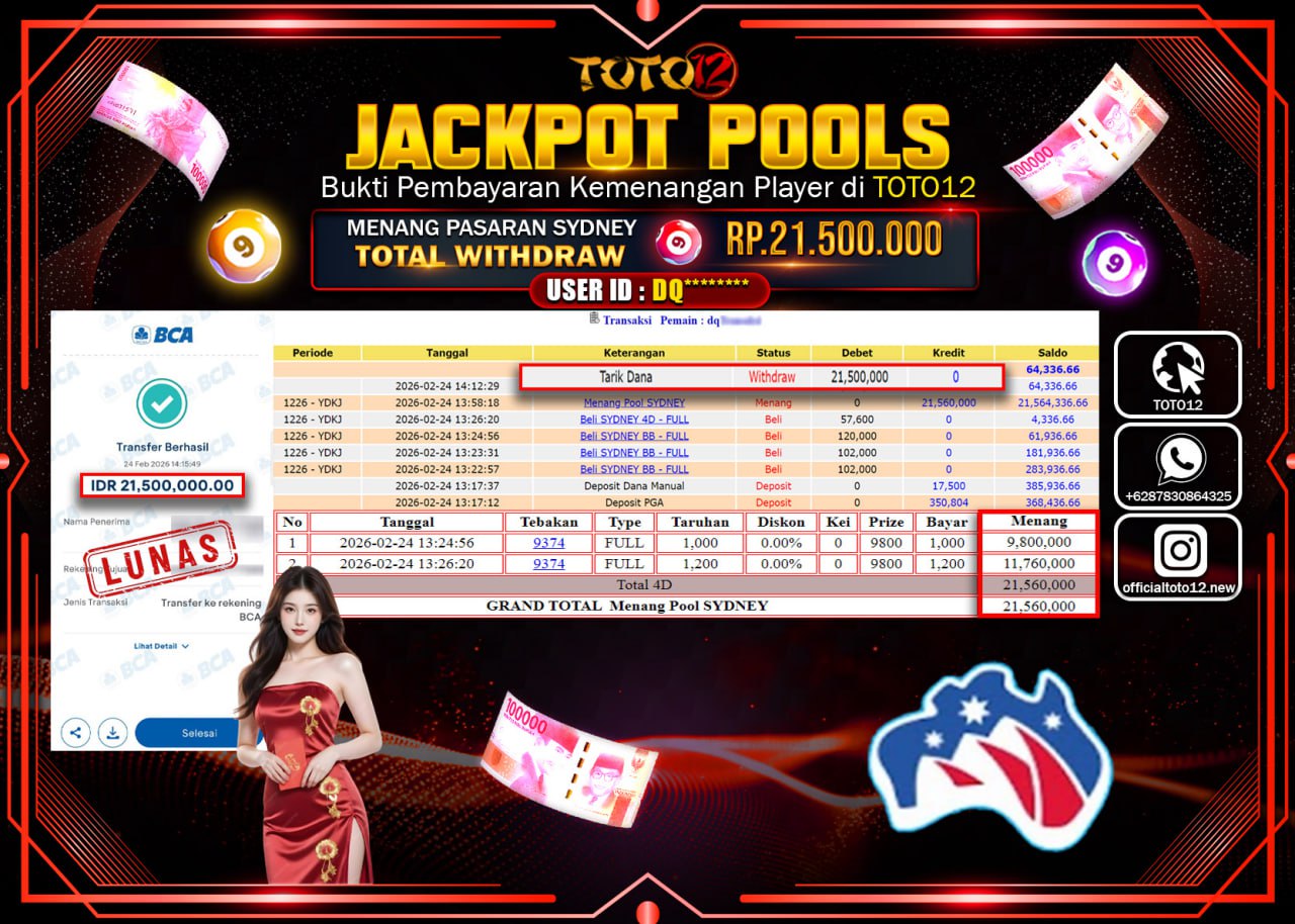 HANYA DI TOTO12 JP PASTI DI BAYAR LUNAS DAN CEPAT!!!!!! JACKPOT POOLS PASARAN (SYDNEY) Rp.21.500.000!!!!