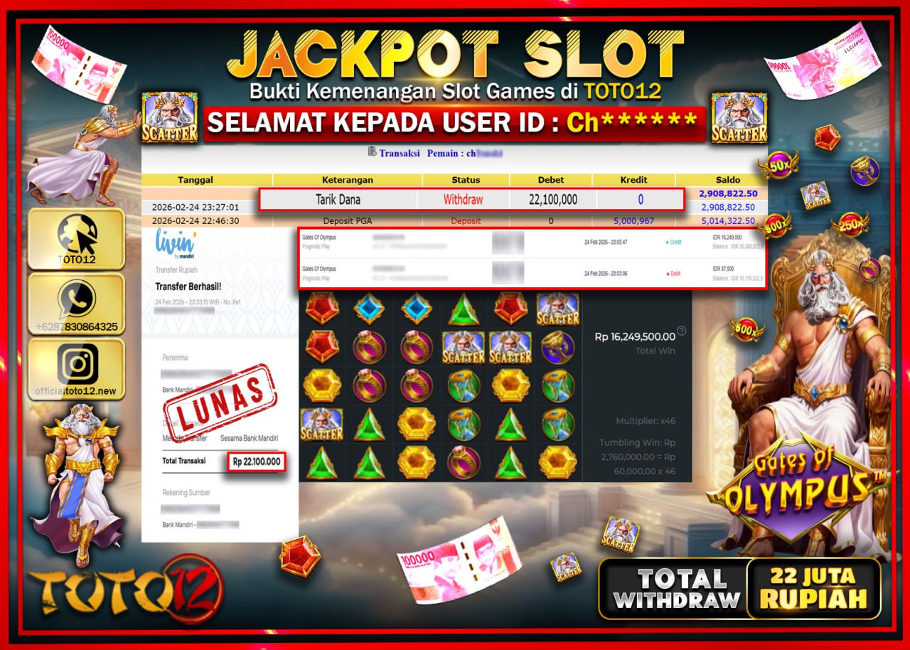 HANYA DI TOTO12 JP PASTI DI BAYAR LUNAS DAN CEPAT!!!!!! JACKPOT SLOT GAME (GATE OF OLYMPUS) Rp.22.100.000!!!!