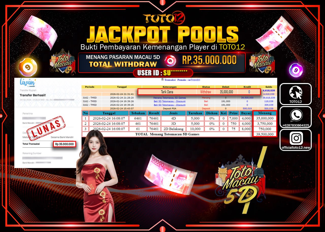 HANYA DI TOTO12 JP PASTI DI BAYAR LUNAS DAN CEPAT!!!!!! JACKPOT POOLS PASARAN (MACAU 5D) Rp.35.000.000!!!!
