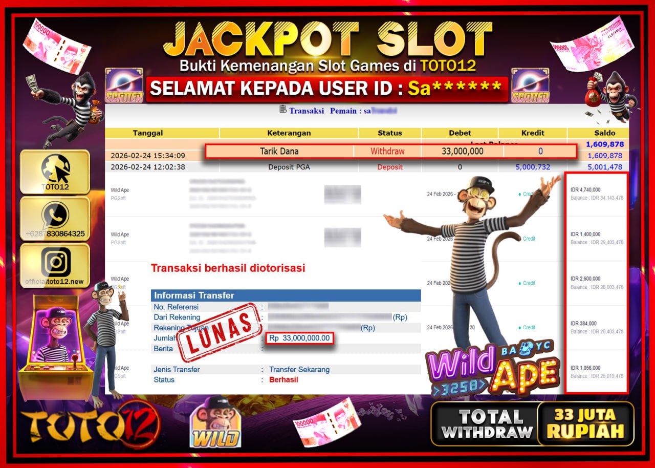 HANYA DI TOTO12 JP PASTI DI BAYAR LUNAS DAN CEPAT!!!!!! JACKPOT SLOT GAME (WILD APE) Rp.33.000.000!!!!