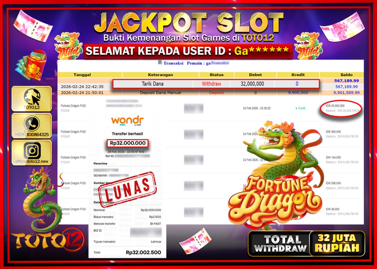 HANYA DI TOTO12 JP PASTI DI BAYAR LUNAS DAN CEPAT!!!!!! JACKPOT SLOT GAME (FORTUNE DRAGON) Rp.32.000.000!!!!