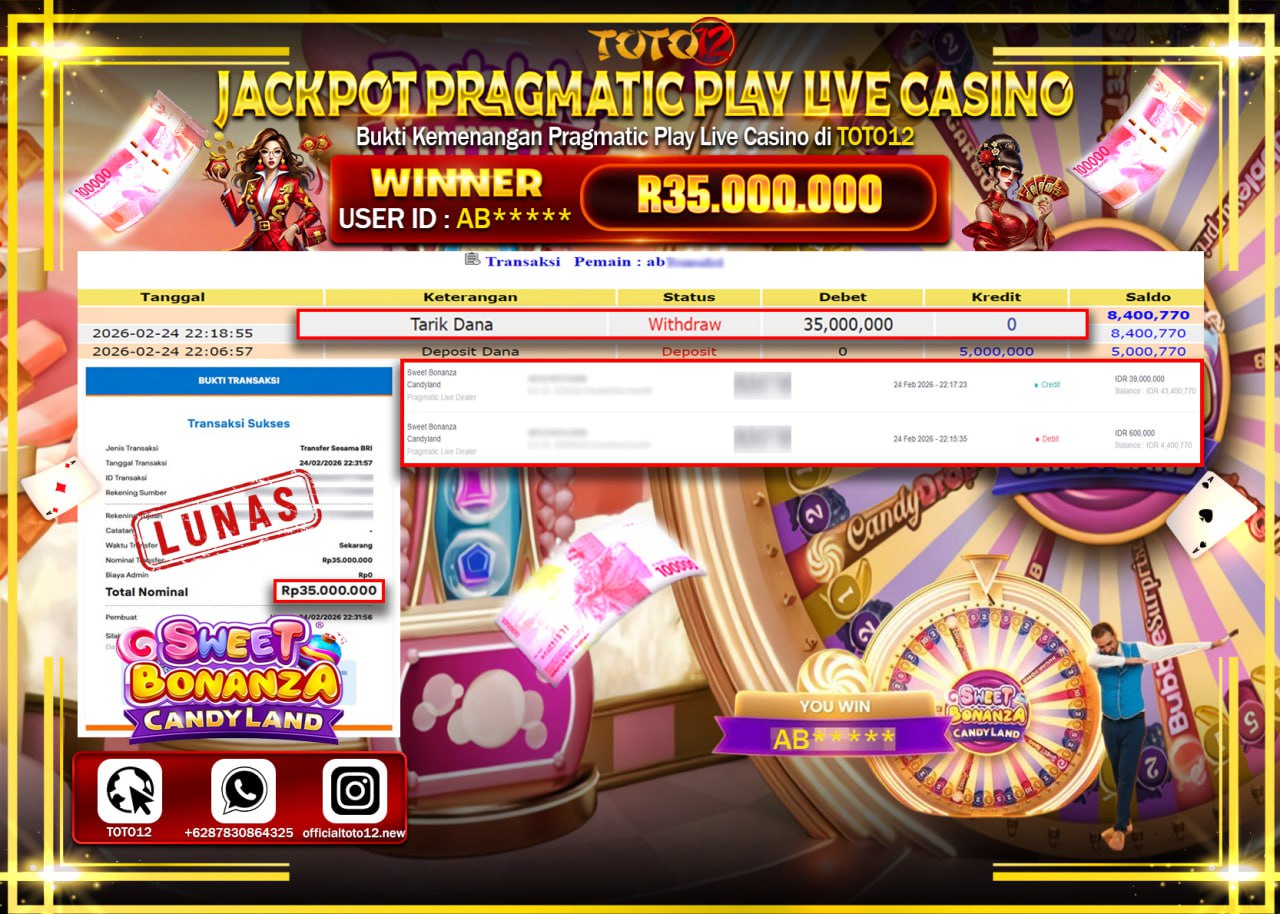 HANYA DI TOTO12 JP PASTI DI BAYAR LUNAS DAN CEPAT!!!!!! JACKPOT PRAGMATICK PLAY LIVE GAME CASINO (SWEET BONANZA) Rp.35.000.000!!!!
