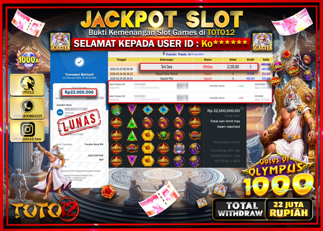 HANYA DI TOTO12 JP PASTI DI BAYAR LUNAS DAN CEPAT!!!!!! JACKPOT SLOT GAME (GATES OF OLMPUS 1000) Rp.22.000.000!!!!