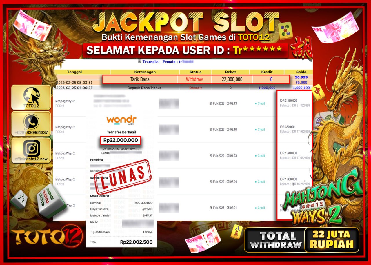 HANYA DI TOTO12 JP PASTI DI BAYAR LUNAS DAN CEPAT!!!!!! JACKPOT SLOT GAME (MAHJONG WAYS 2) Rp.22.000.000!!!!