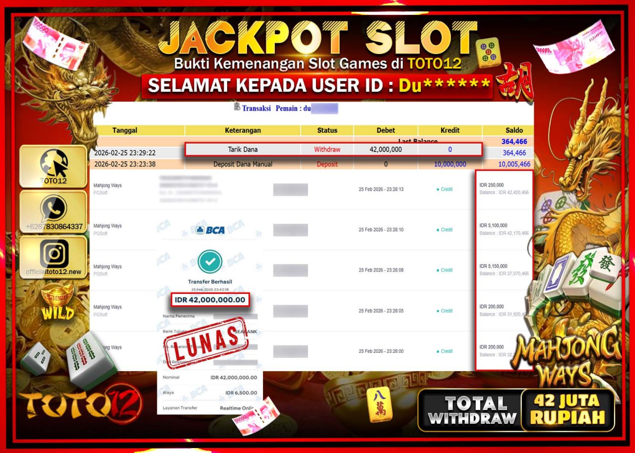 HANYA DI TOTO12 JP PASTI DI BAYAR LUNAS DAN CEPAT!!!!!! JACKPOT SLOT GAME (MAHJONG WAYS) Rp.42.000.000!!!!