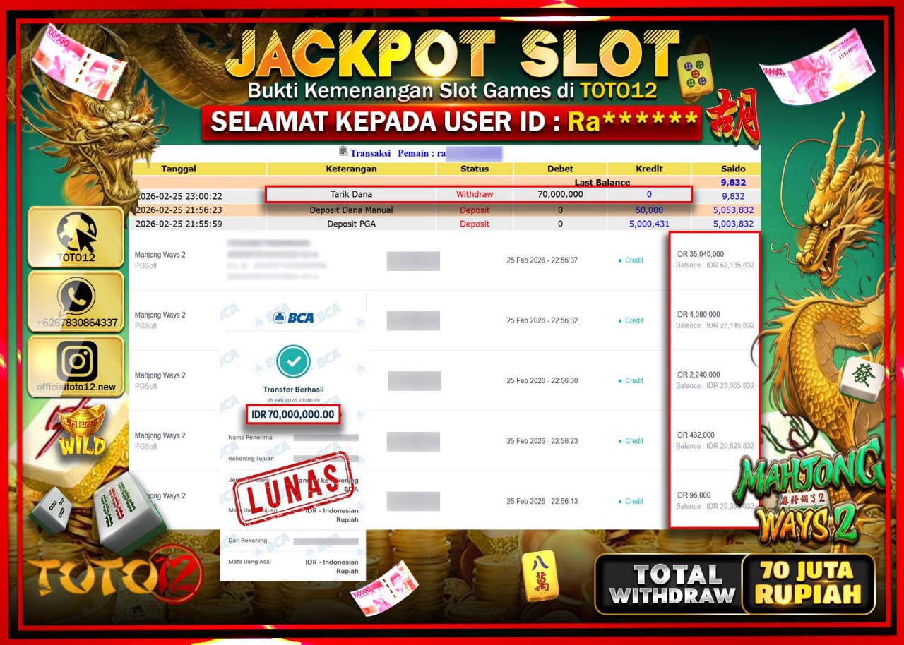 HANYA DI TOTO12 JP PASTI DI BAYAR LUNAS DAN CEPAT!!!!!! JACKPOT SLOT GAME (MAHJONG WAYS 2) Rp.70.000.000!!!!