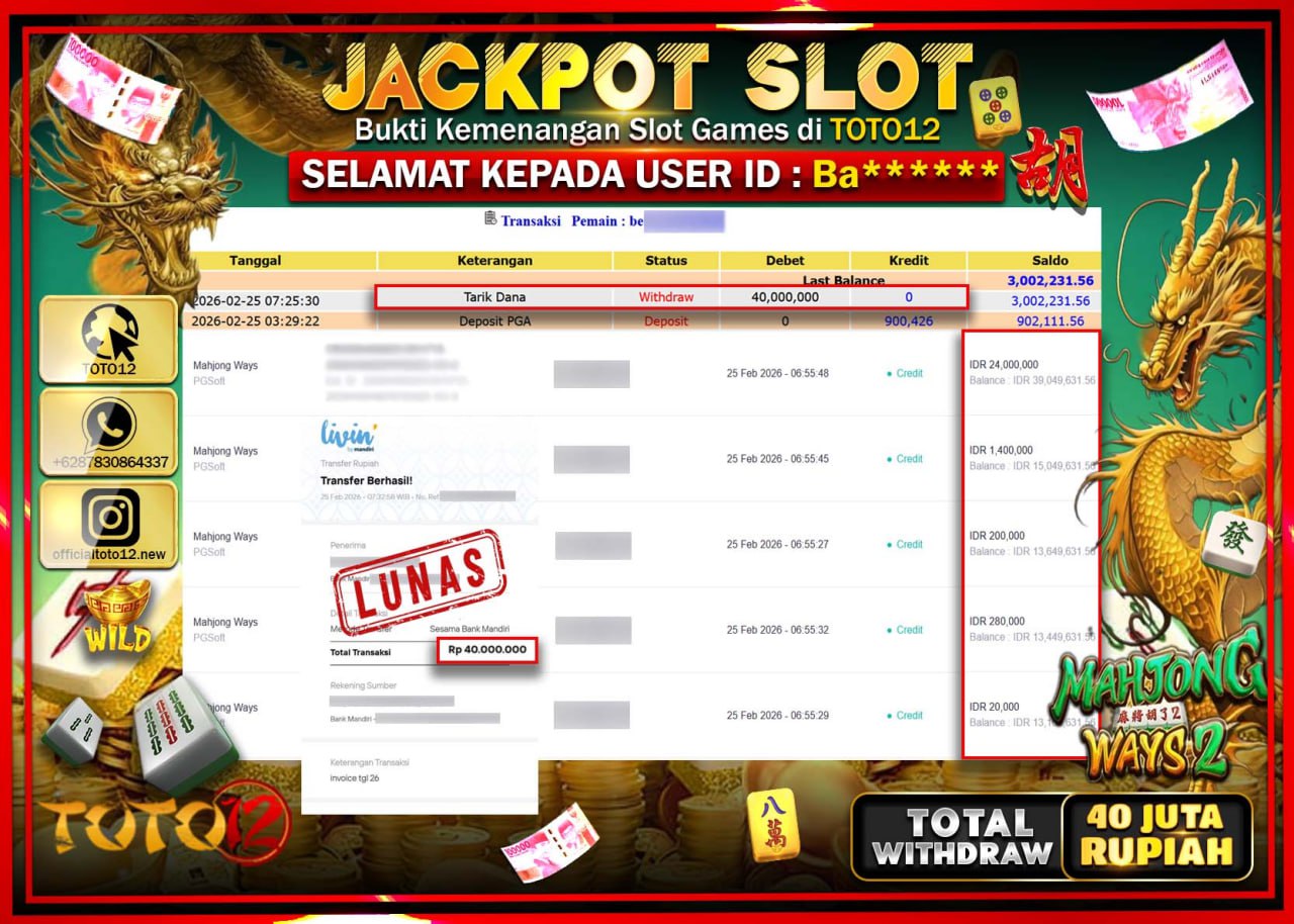 HANYA DI TOTO12 JP PASTI DI BAYAR LUNAS DAN CEPAT!!!!!! JACKPOT SLOT GAME (MAHJONG WAYS 2) Rp.40.000.000!!!!