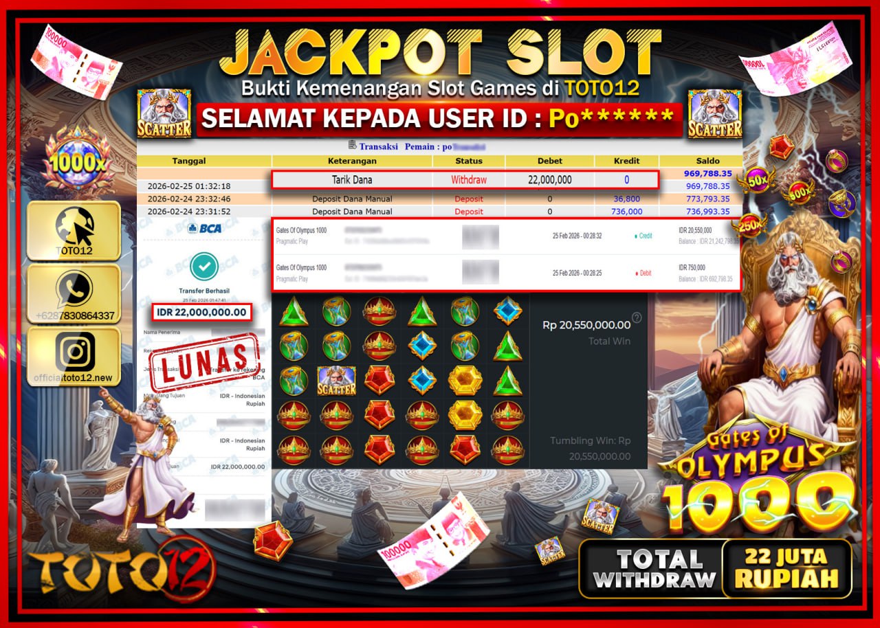 HANYA DI TOTO12 JP PASTI DI BAYAR LUNAS DAN CEPAT!!!!!! JACKPOT SLOT GAME (GATES OF OLYMPUS 1000) Rp.22.000.000!!!!
