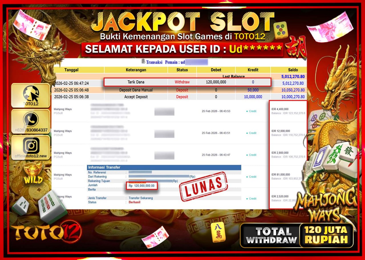 HANYA DI TOTO12 JP PASTI DI BAYAR LUNAS DAN CEPAT!!!!!! JACKPOT SLOT GAME (MAHJONG WAYS) Rp.120.000.000!!!!