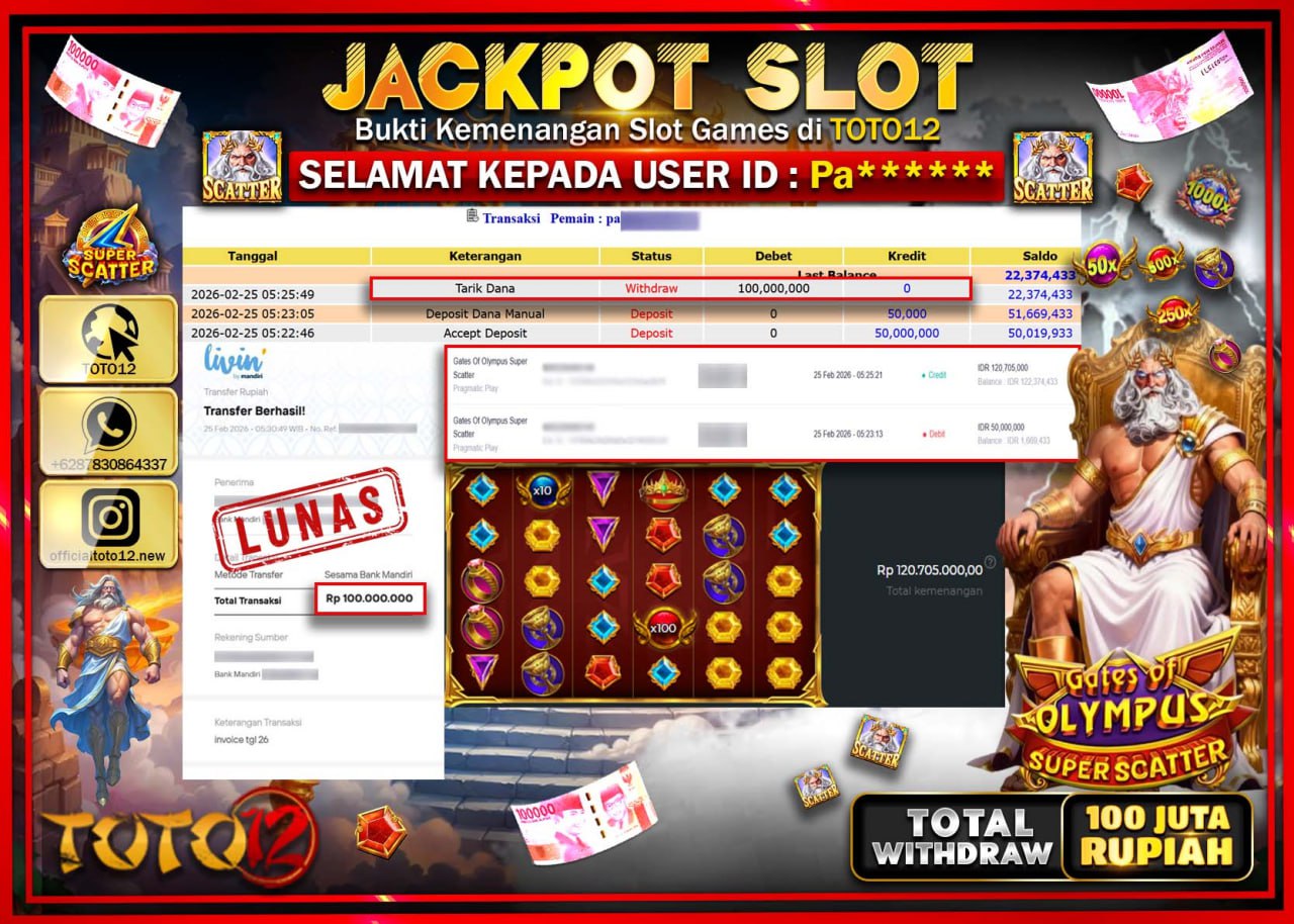 HANYA DI TOTO12 JP PASTI DI BAYAR LUNAS DAN CEPAT!!!!!! JACKPOT SLOT GAME (GATES OF OLYMPUS SUPER CATTER) Rp.100.000.000!!!!