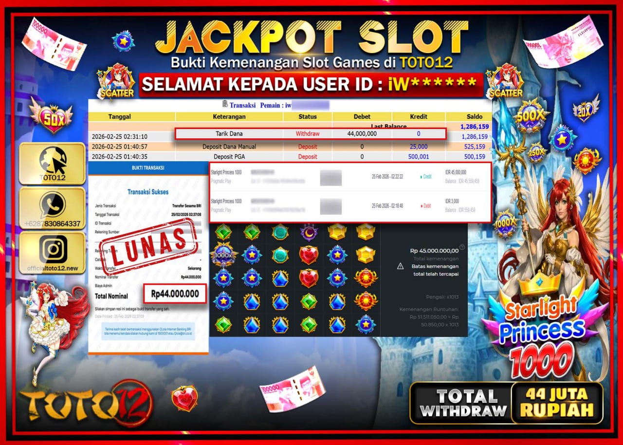 HANYA DI TOTO12 JP PASTI DI BAYAR LUNAS DAN CEPAT!!!!!! JACKPOT SLOT GAME (STARLIGHT PRINCESS 1000) Rp.44.000.000!!!!