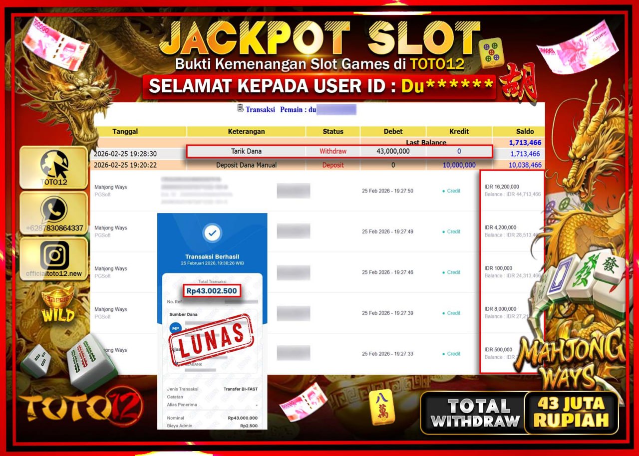 HANYA DI TOTO12 JP PASTI DI BAYAR LUNAS DAN CEPAT!!!!!! JACKPOT SLOT GAME (MAHJONG WAYS) Rp.43.000.000!!!!