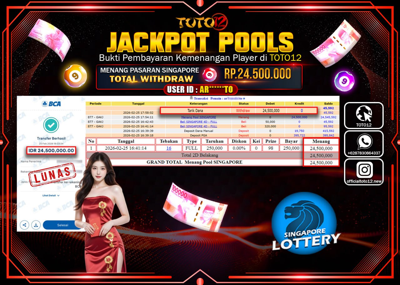 HANYA DI TOTO12 JP PASTI DI BAYAR LUNAS DAN CEPAT!!!!!! JACKPOT POOLS PASARAN (SINGAPORE) Rp.24.500.000!!!!
