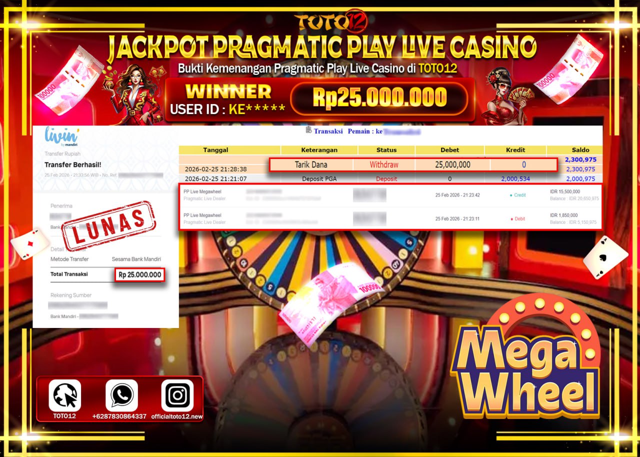 HANYA DI TOTO12 JP PASTI DI BAYAR LUNAS DAN CEPAT!!!!!! JACKPOT PRAGMATIC PLAY LIVE GAME CASINO (MEGA WHEEL) Rp.25.000.000!!!!