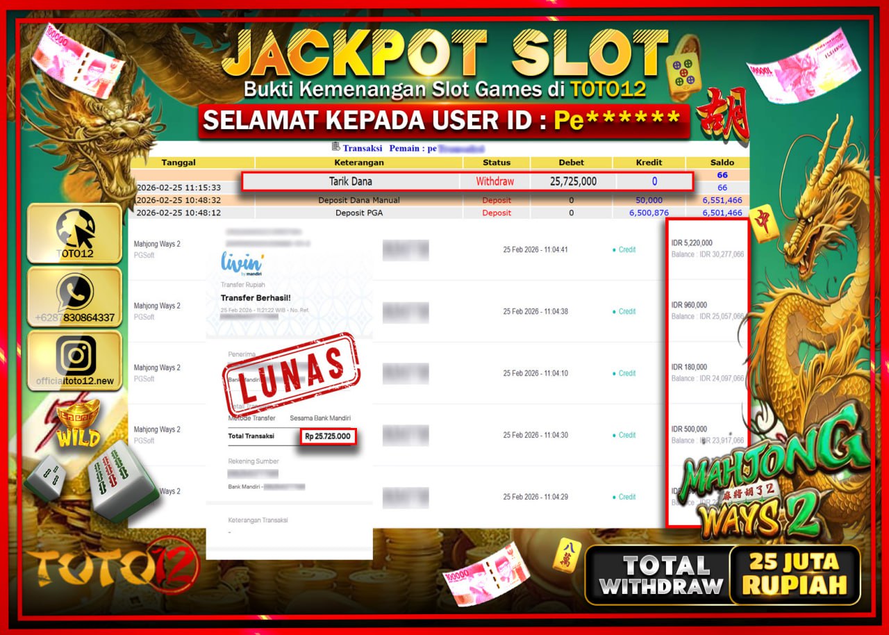 HANYA DI TOTO12 JP PASTI DI BAYAR LUNAS DAN CEPAT!!!!!! JACKPOT SLOT GAME (MAHJONG WAYS 2) Rp.25.725.000!!!!