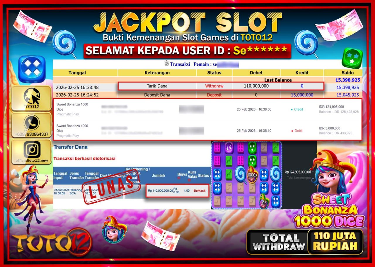 HANYA DI TOTO12 JP PASTI DI BAYAR LUNAS DAN CEPAT!!!!!! JACKPOT SLOT GAME (SWEET BONANZA 1000 DICE) Rp.110.000.000!!!!