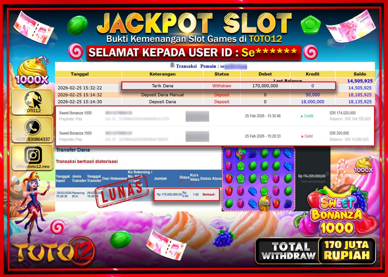 HANYA DI TOTO12 JP PASTI DI BAYAR LUNAS DAN CEPAT!!!!!! JACKPOT SLOT GAME (SWEET BONANZA 1000) Rp.170.000.000!!!!