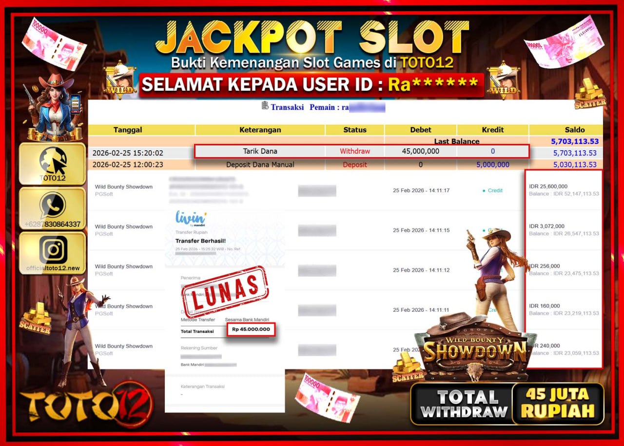HANYA DI TOTO12 JP PASTI DI BAYAR LUNAS DAN CEPAT!!!!!! JACKPOT SLOT GAME (WILD BOUNTY SHOWDOWN) Rp.45.000.000!!!!