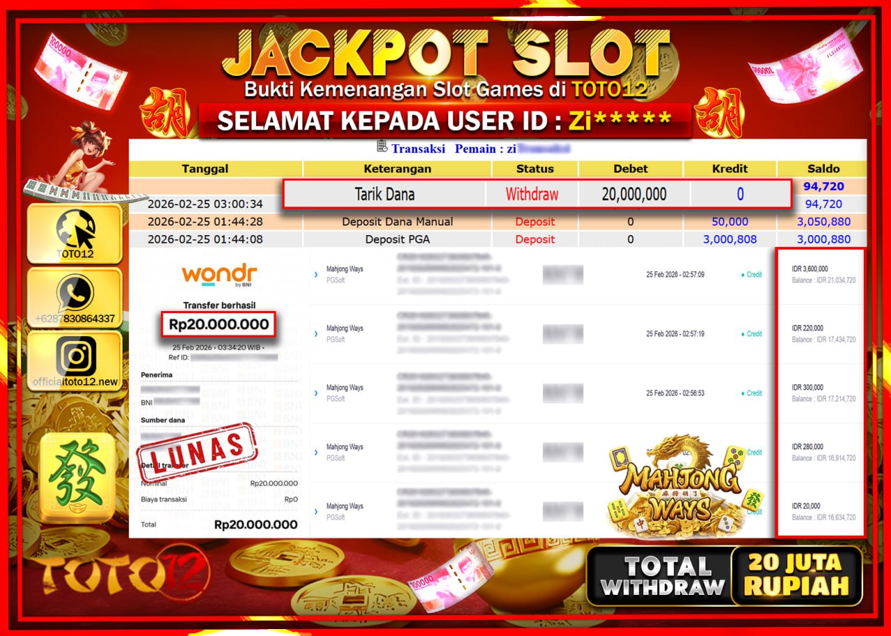 HANYA DI TOTO12 JP PASTI DI BAYAR LUNAS DAN CEPAT!!!!!! JACKPOT SLOT GAME (MAHJONG WAYS) Rp.20.000.000!!!!