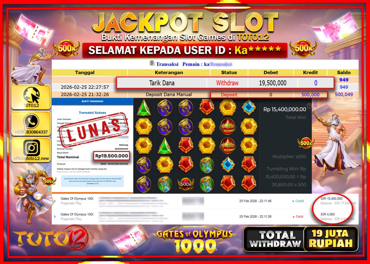 HANYA DI TOTO12 JP PASTI DI BAYAR LUNAS DAN CEPAT!!!!!! JACKPOT SLOT GAME (GATES OF OLYMPUS 1000) Rp.19.500.000!!!!