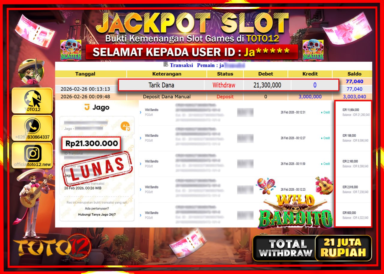 HANYA DI TOTO12 JP PASTI DI BAYAR LUNAS DAN CEPAT!!!!!! JACKPOT SLOT GAME (WILD BANDITO) Rp.21.300.000!!!!