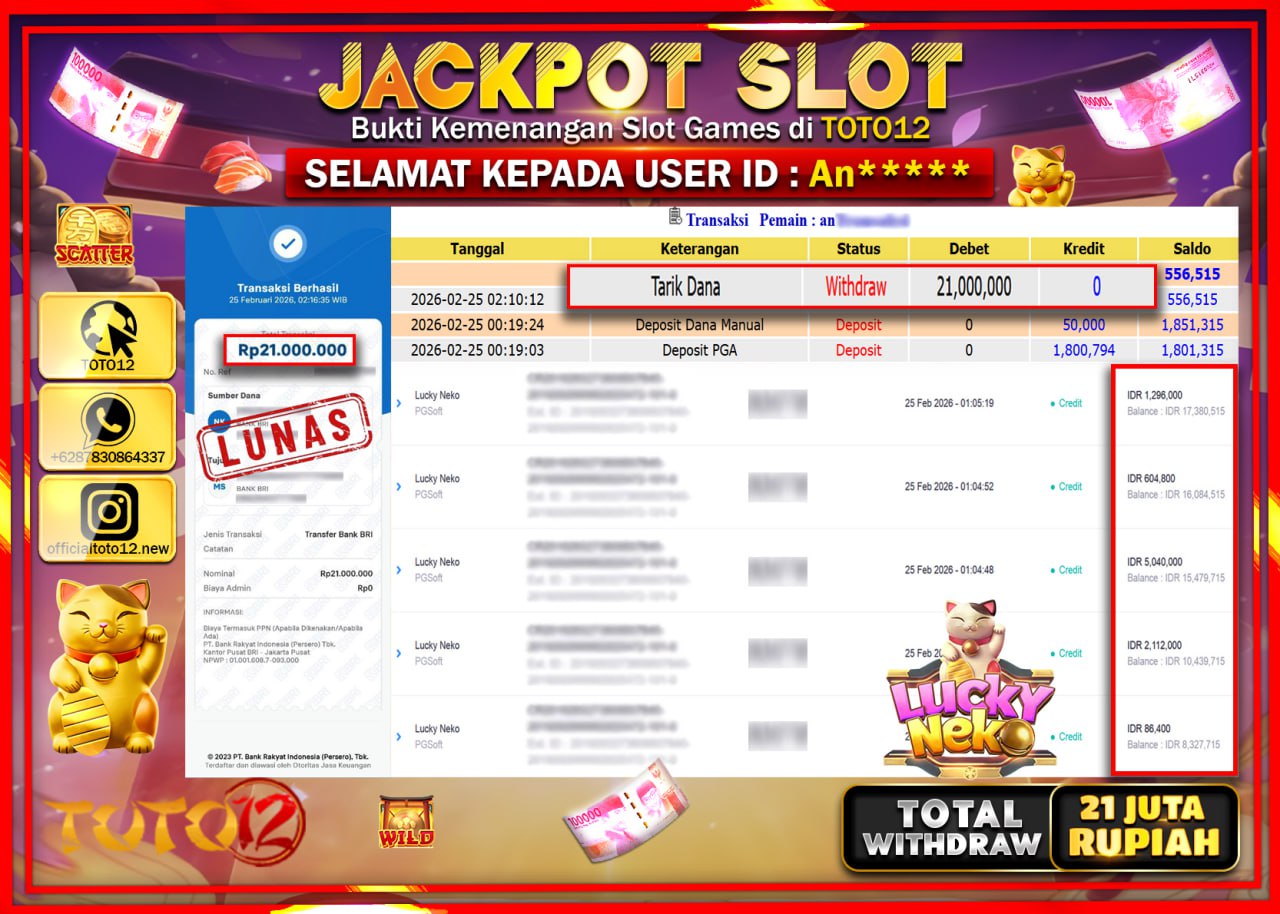 HANYA DI TOTO12 JP PASTI DI BAYAR LUNAS DAN CEPAT!!!!!! JACKPOT SLOT GAME (LUCK NEKO) Rp.21.000.000!!!!
