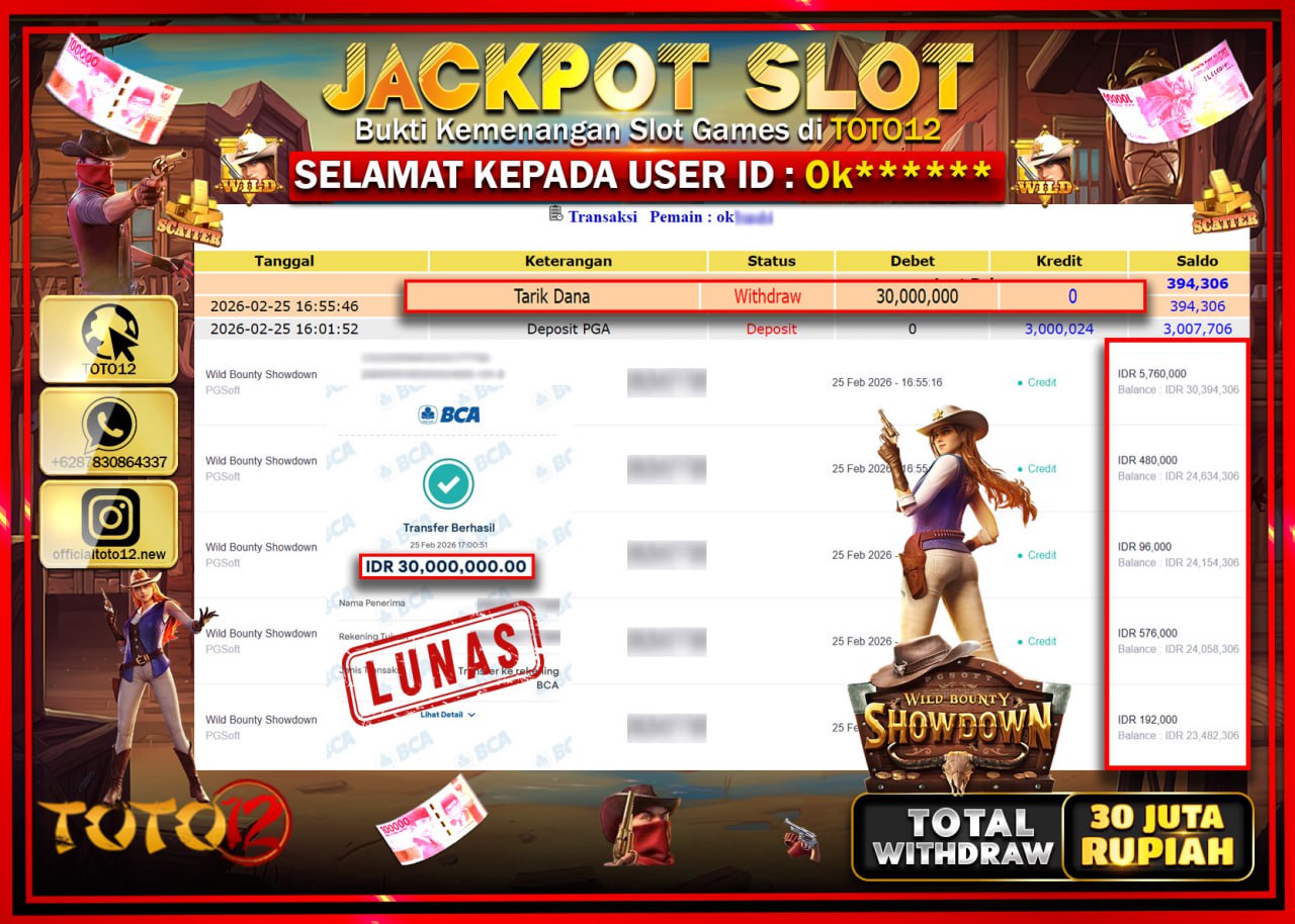 HANYA DI TOTO12 JP PASTI DI BAYAR LUNAS DAN CEPAT!!!!!! JACKPOT SLOT GAME (WILD BOUNTY SHOWDOWN) Rp.30.000.000!!!!