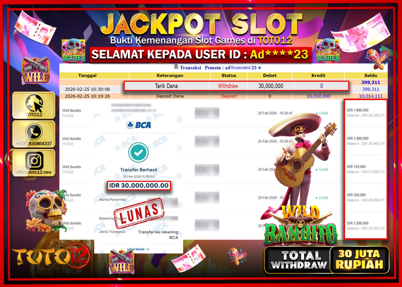 HANYA DI TOTO12 JP PASTI DI BAYAR LUNAS DAN CEPAT!!!!!! JACKPOT SLOT GAME (WILD BANDITO) Rp.30.000.000!!!!