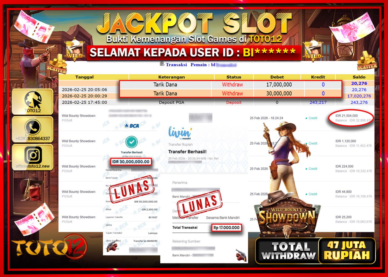 HANYA DI TOTO12 JP PASTI DI BAYAR LUNAS DAN CEPAT!!!!!! JACKPOT SLOT GAME (WILD BOUNTY SHOWDOWN) Rp.47.000.000!!!!